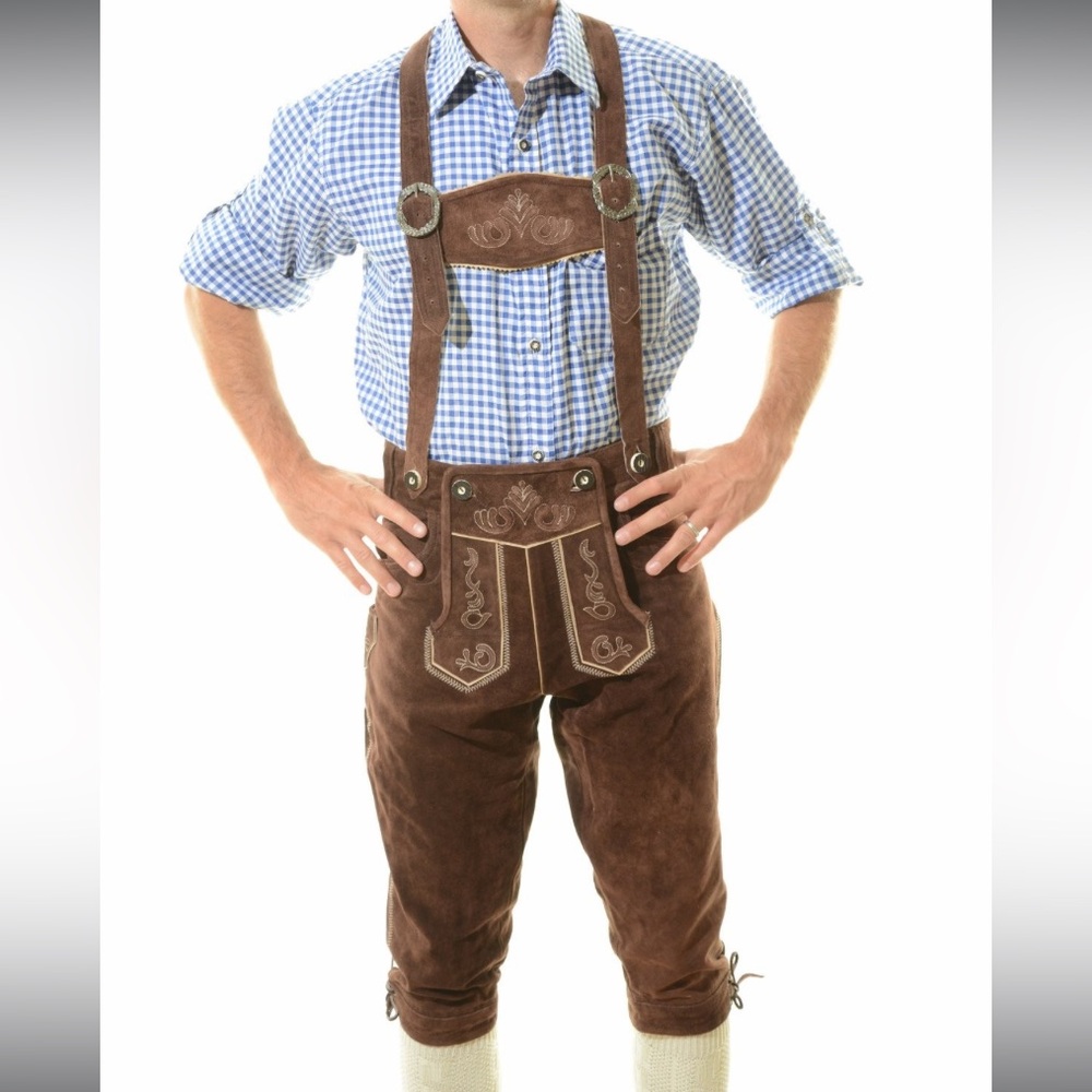 LEDERHOSEN4U Hans Brown Suede Oktoberfest German Halloween Lederhosen SZ 38